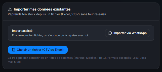Section Paramètres : import d'un fichier Excel ou CSV, ou reprise assistée par WhatsApp